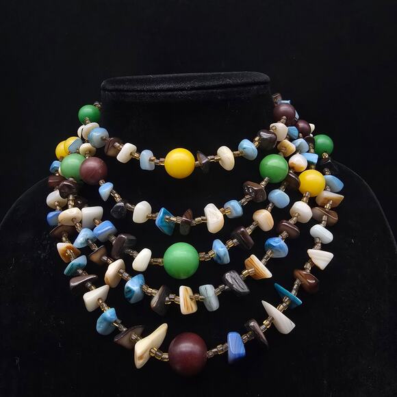 Vintage Colorful Japan Beaded Layered Necklace Multi Strand Shell Glass Plastic - Picture 7 of 9